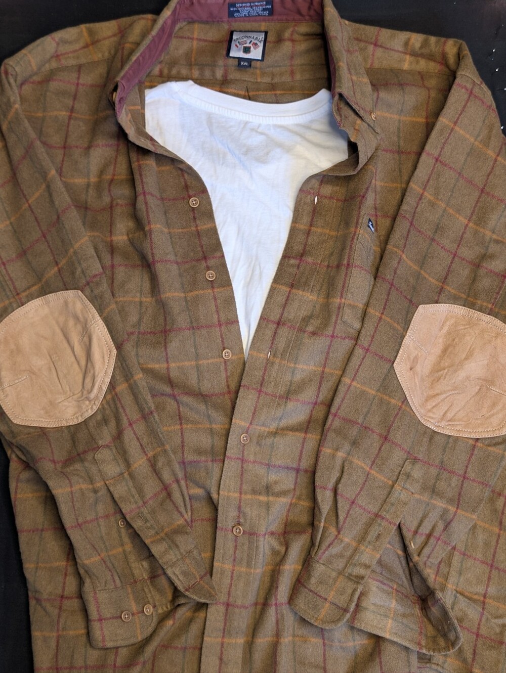 Faconnable Wool Blend Plaid Overshirt Lamb Suede Elbow Patches Men's XXL Brown